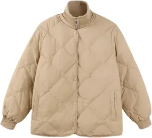 Women's Fake Two Pieces Short Parkas Coats Vintage Knitted High Collar Button Cotton-Padded Jacket