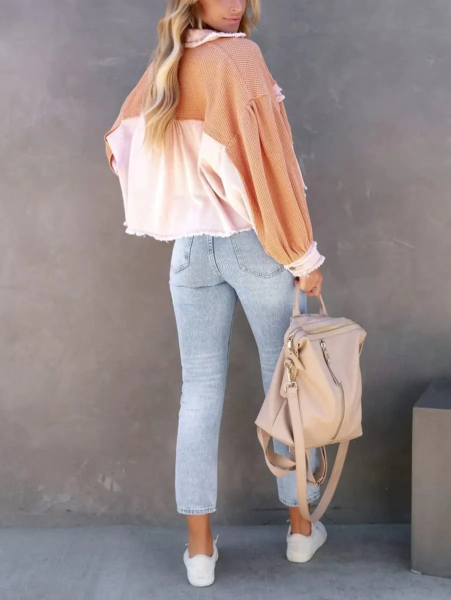 Women's Fall Casual Cropped Waffle Knit Jacket Button Down Spliced Denim Shacket Tops