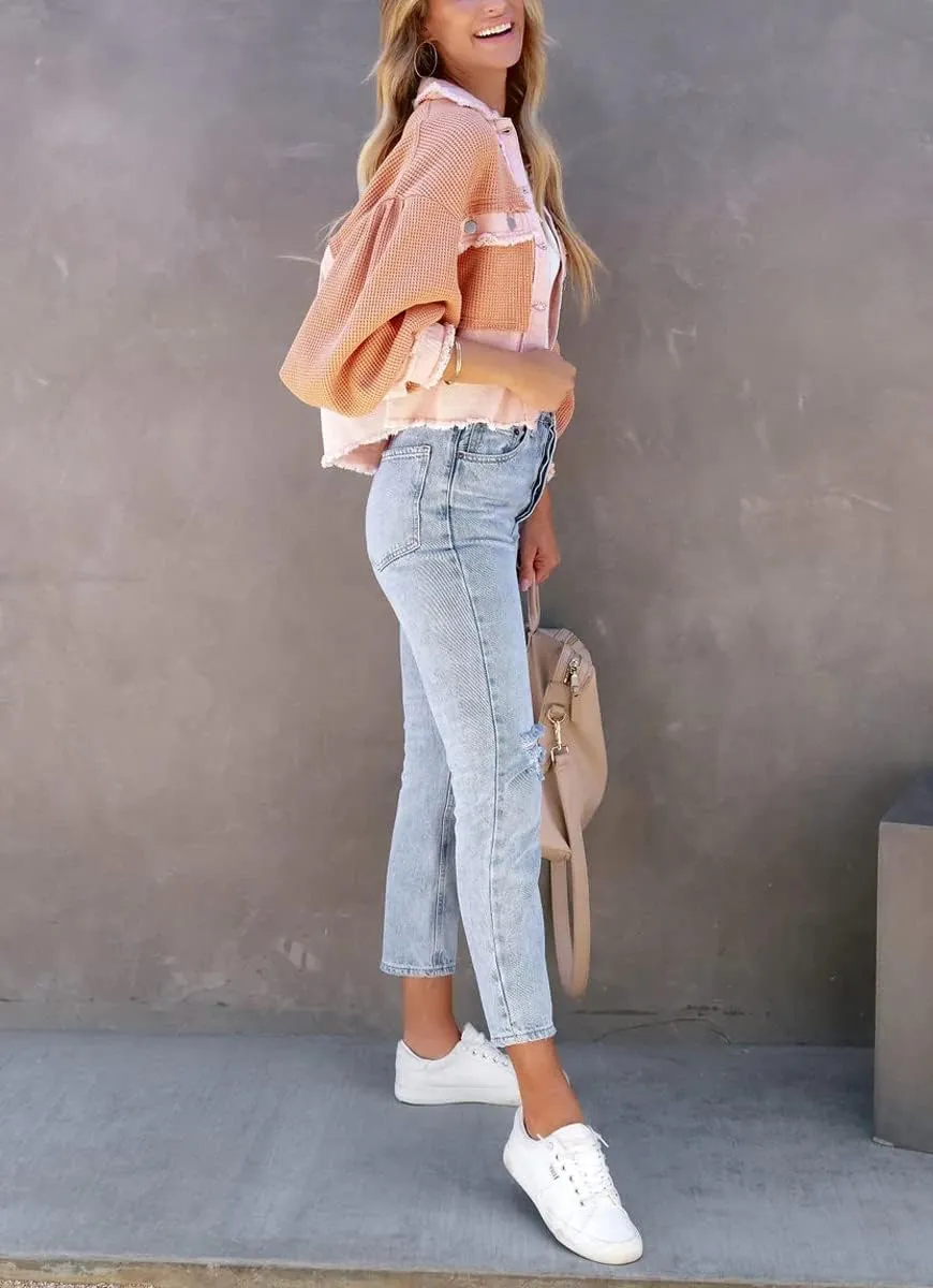 Women's Fall Casual Cropped Waffle Knit Jacket Button Down Spliced Denim Shacket Tops