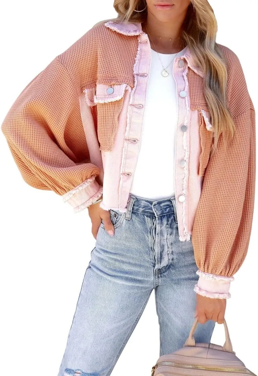 Women's Fall Casual Cropped Waffle Knit Jacket Button Down Spliced Denim Shacket Tops