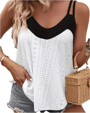 Women's Fashion Camisole Eyelet Embroidery Sleeveless Loose Summer Casual Top White Plus Black 2XL