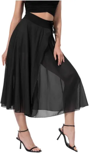 Women's Fashion Sheer Mesh Skirt Front Slit Knee Length A Line Flowy Prom Midi Skirt