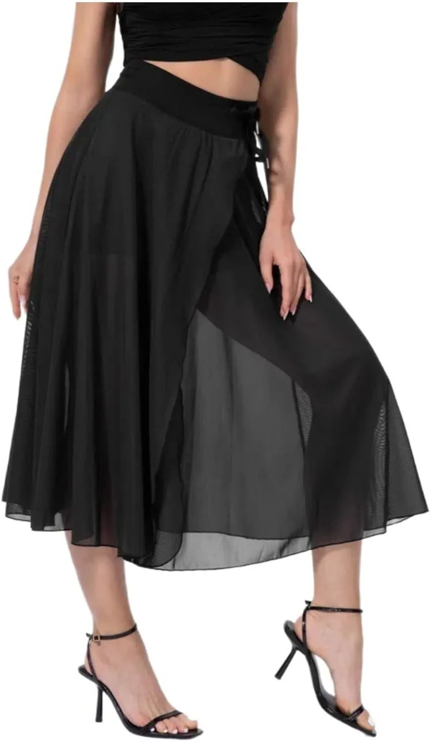 Women's Fashion Sheer Mesh Skirt Front Slit Knee Length A Line Flowy Prom Midi Skirt