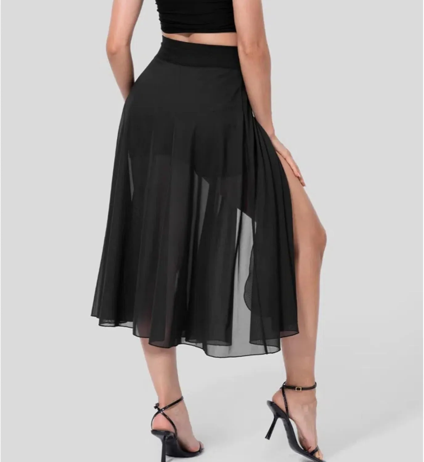 Women's Fashion Sheer Mesh Skirt Front Slit Knee Length A Line Flowy Prom Midi Skirt