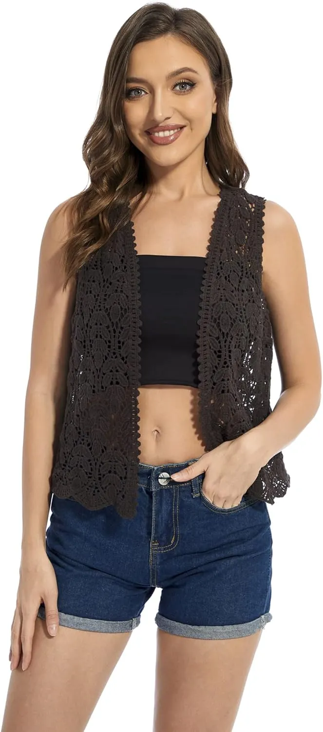 Womens Floral Crochet Lace Trim Sleeveless Open Front Vest Cardigan