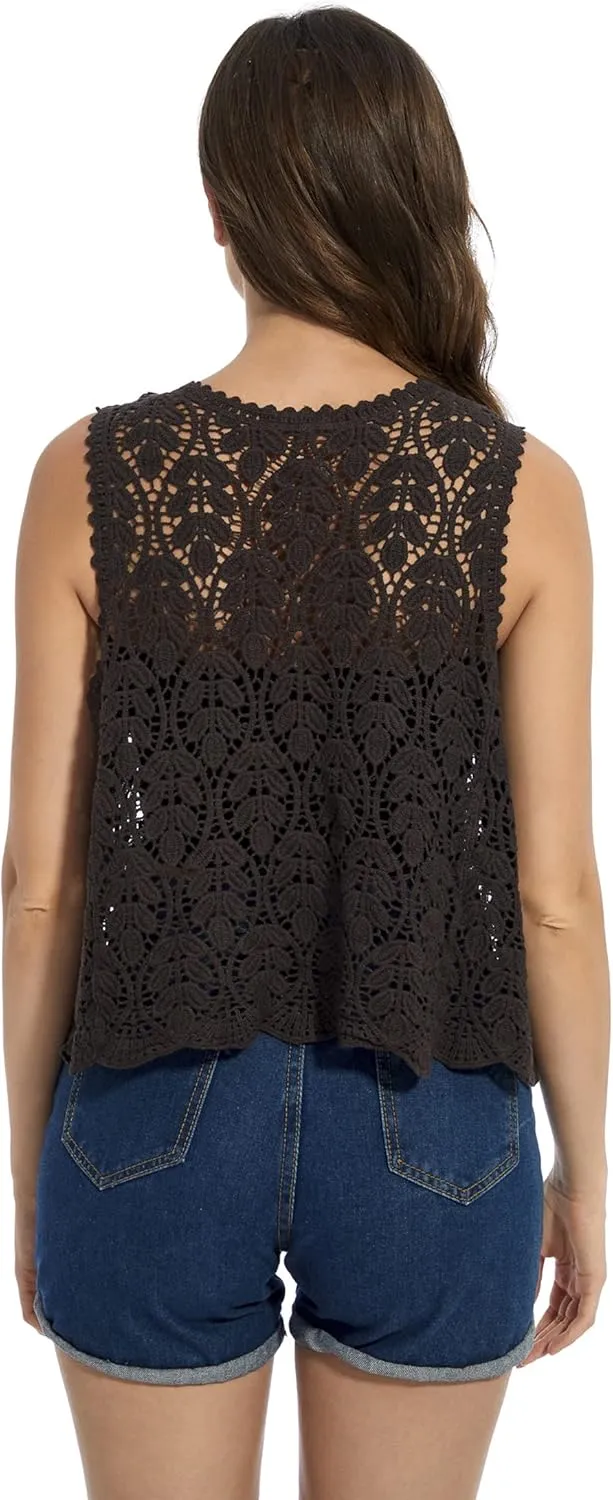 Womens Floral Crochet Lace Trim Sleeveless Open Front Vest Cardigan