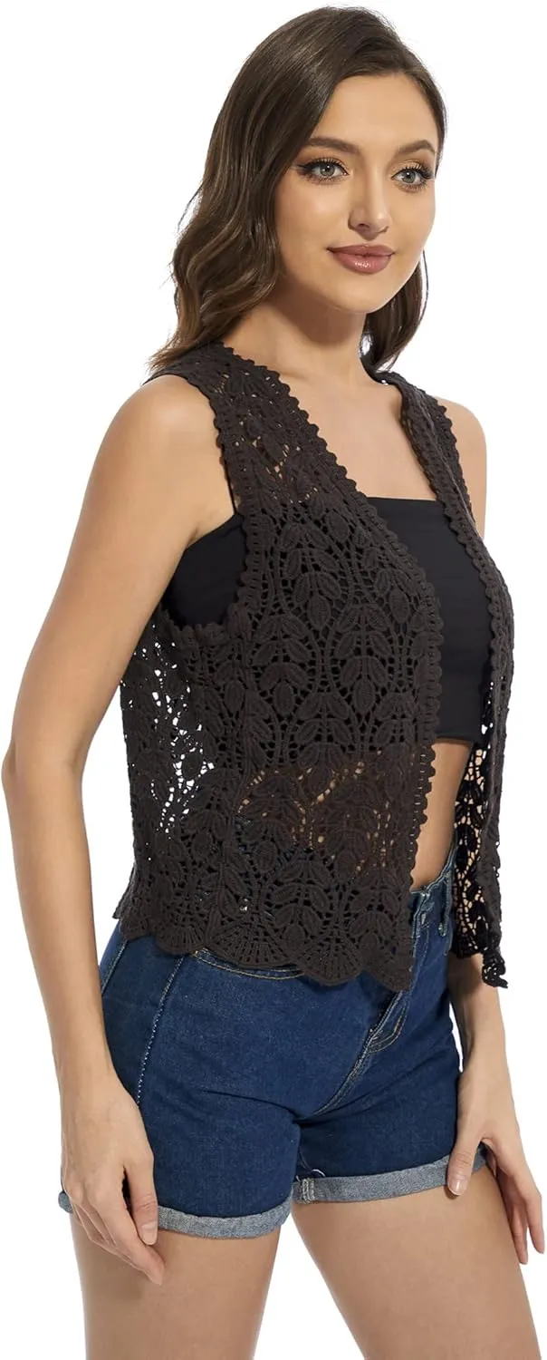 Womens Floral Crochet Lace Trim Sleeveless Open Front Vest Cardigan