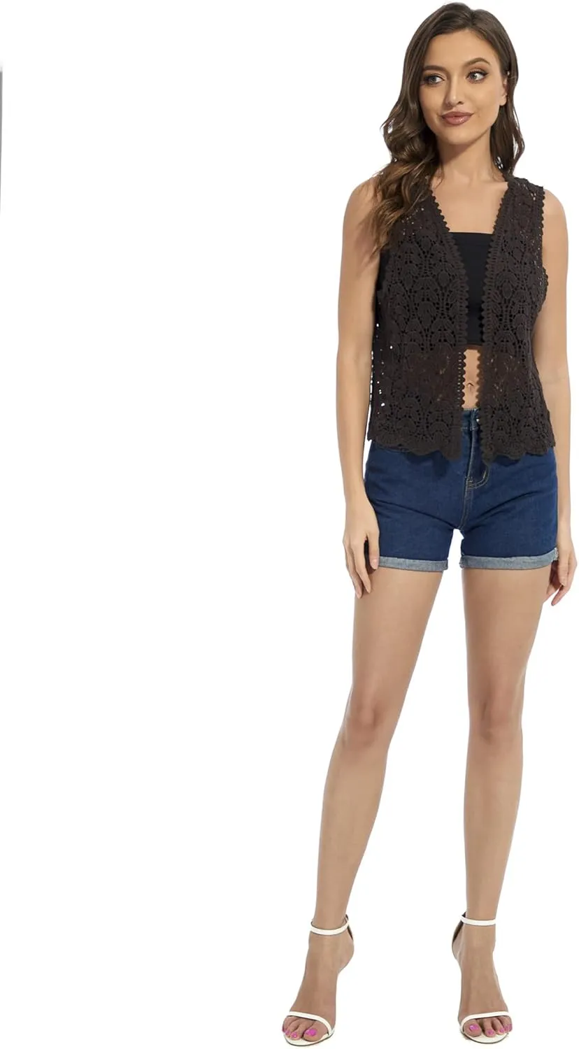 Womens Floral Crochet Lace Trim Sleeveless Open Front Vest Cardigan
