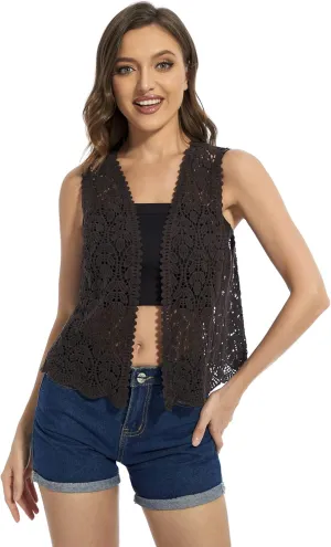 Womens Floral Crochet Lace Trim Sleeveless Open Front Vest Cardigan
