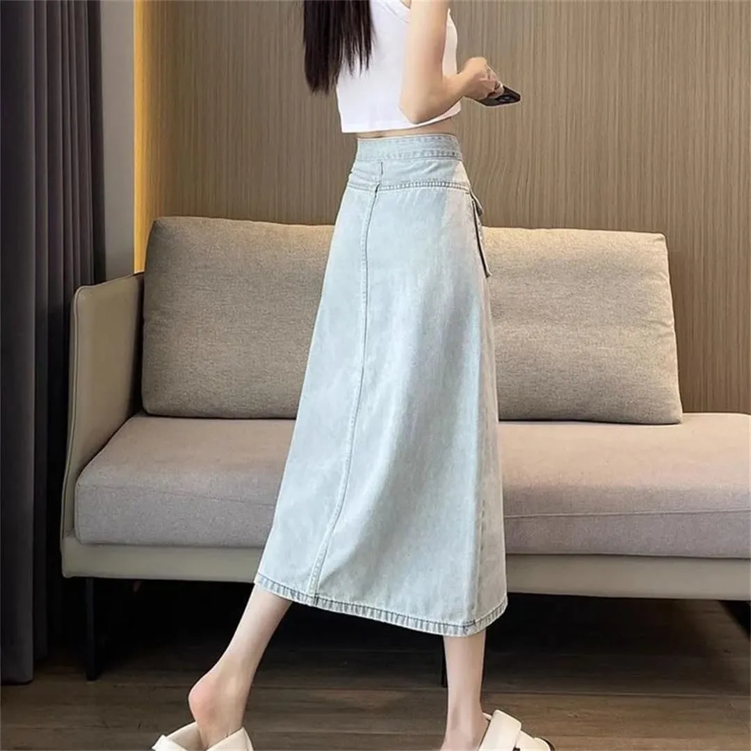 Women's Front Slit Lace-Up Waist Denim Skirts High Waisted Big Pockets A-Line Midi Skirt for Holiday