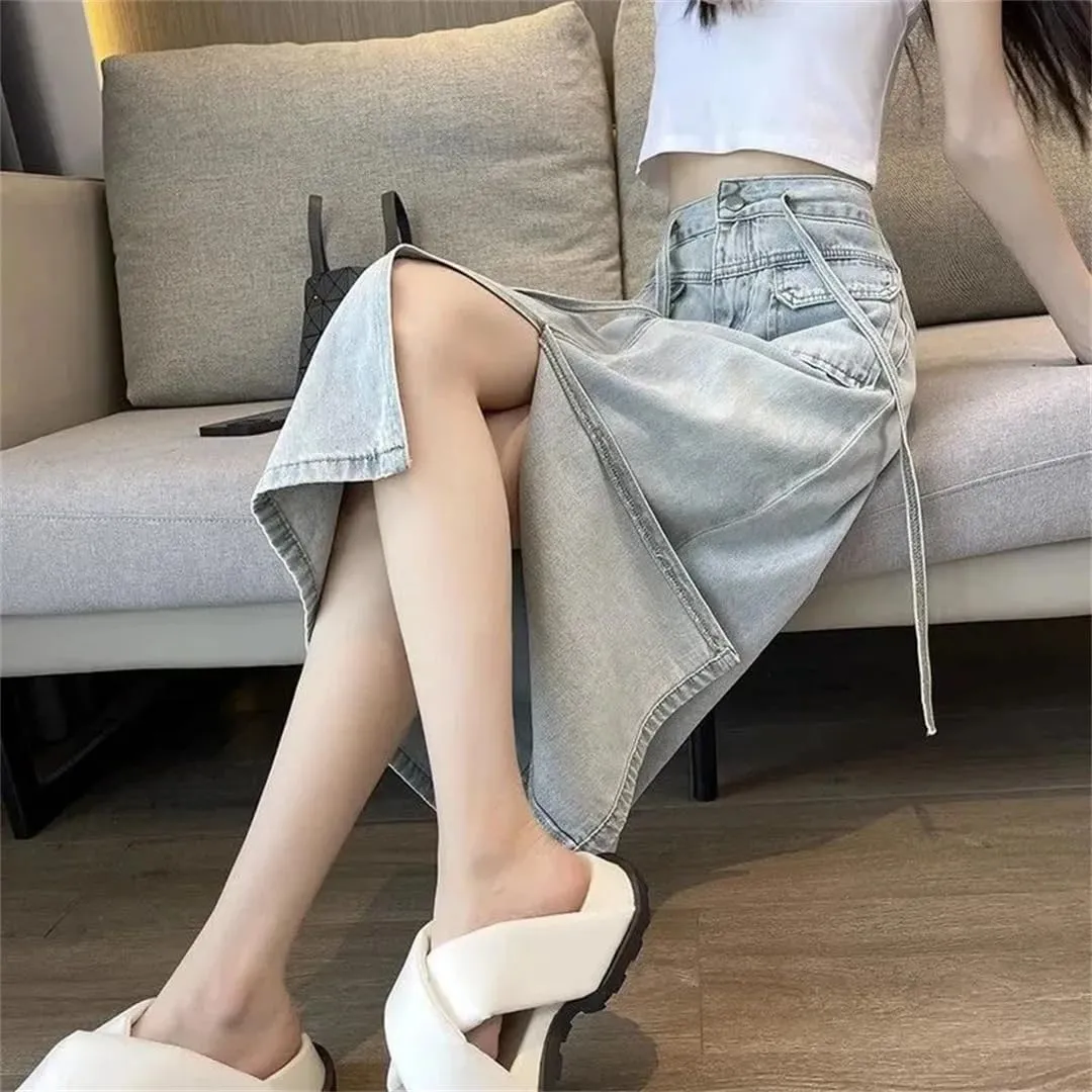 Women's Front Slit Lace-Up Waist Denim Skirts High Waisted Big Pockets A-Line Midi Skirt for Holiday