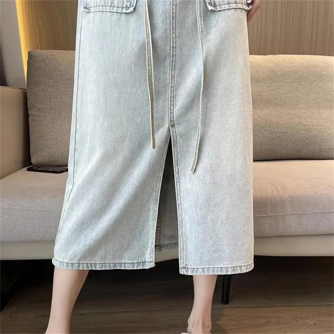 Women's Front Slit Lace-Up Waist Denim Skirts High Waisted Big Pockets A-Line Midi Skirt for Holiday