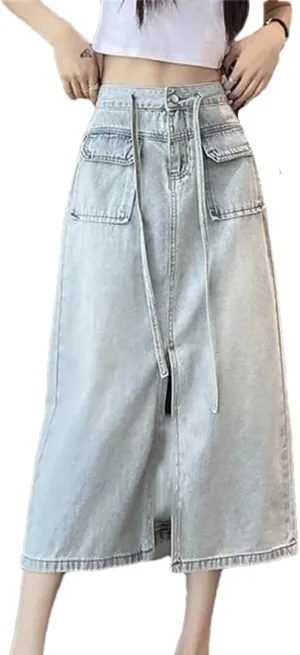 Women's Front Slit Lace-Up Waist Denim Skirts High Waisted Big Pockets A-Line Midi Skirt for Holiday