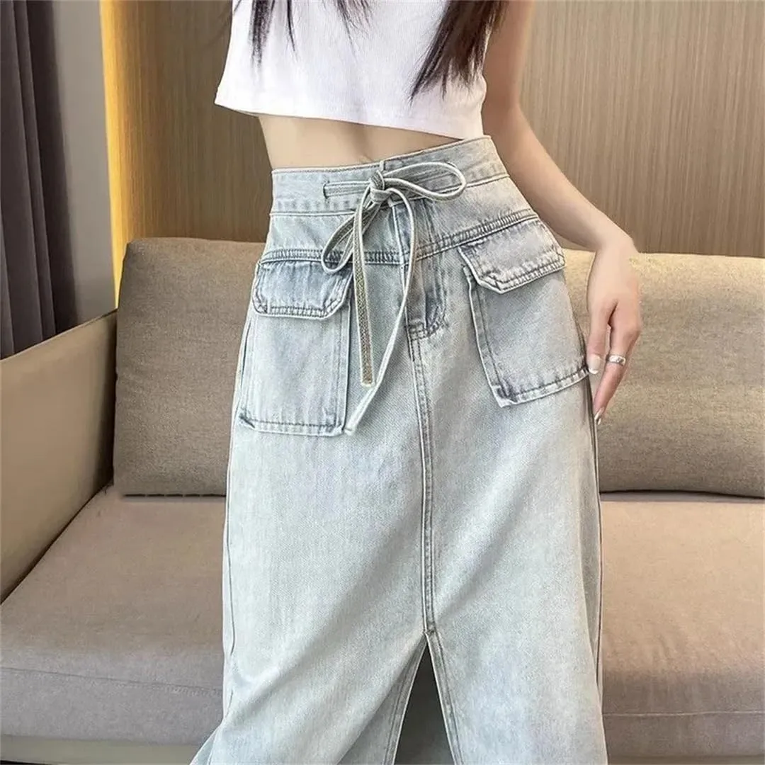 Women's Front Slit Lace-Up Waist Denim Skirts High Waisted Big Pockets A-Line Midi Skirt for Holiday