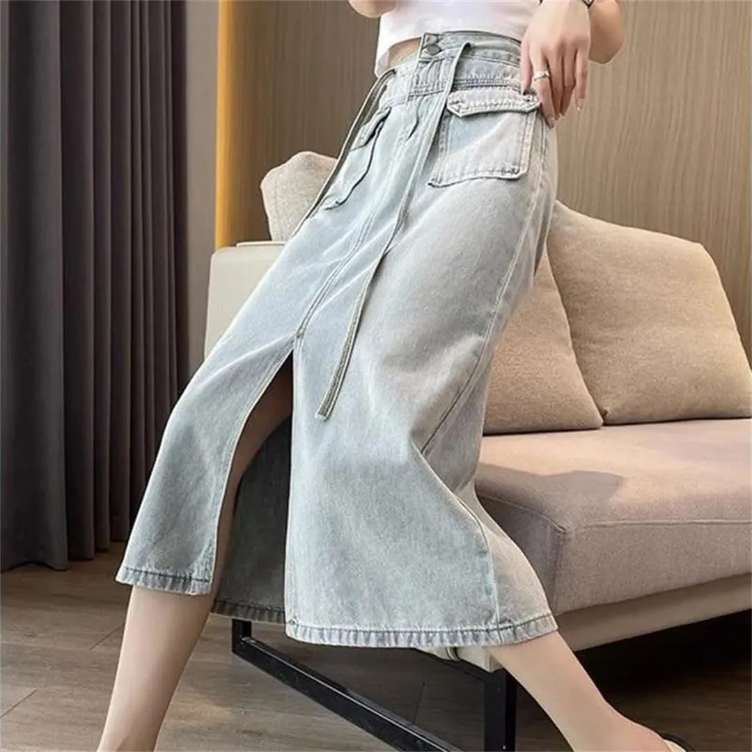 Women's Front Slit Lace-Up Waist Denim Skirts High Waisted Big Pockets A-Line Midi Skirt for Holiday