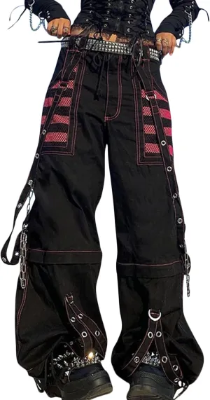 Women's Gothic High Waist Print Cargo Pants Casual Loose Punk Buckle Denim Pants Trousers Streetwear