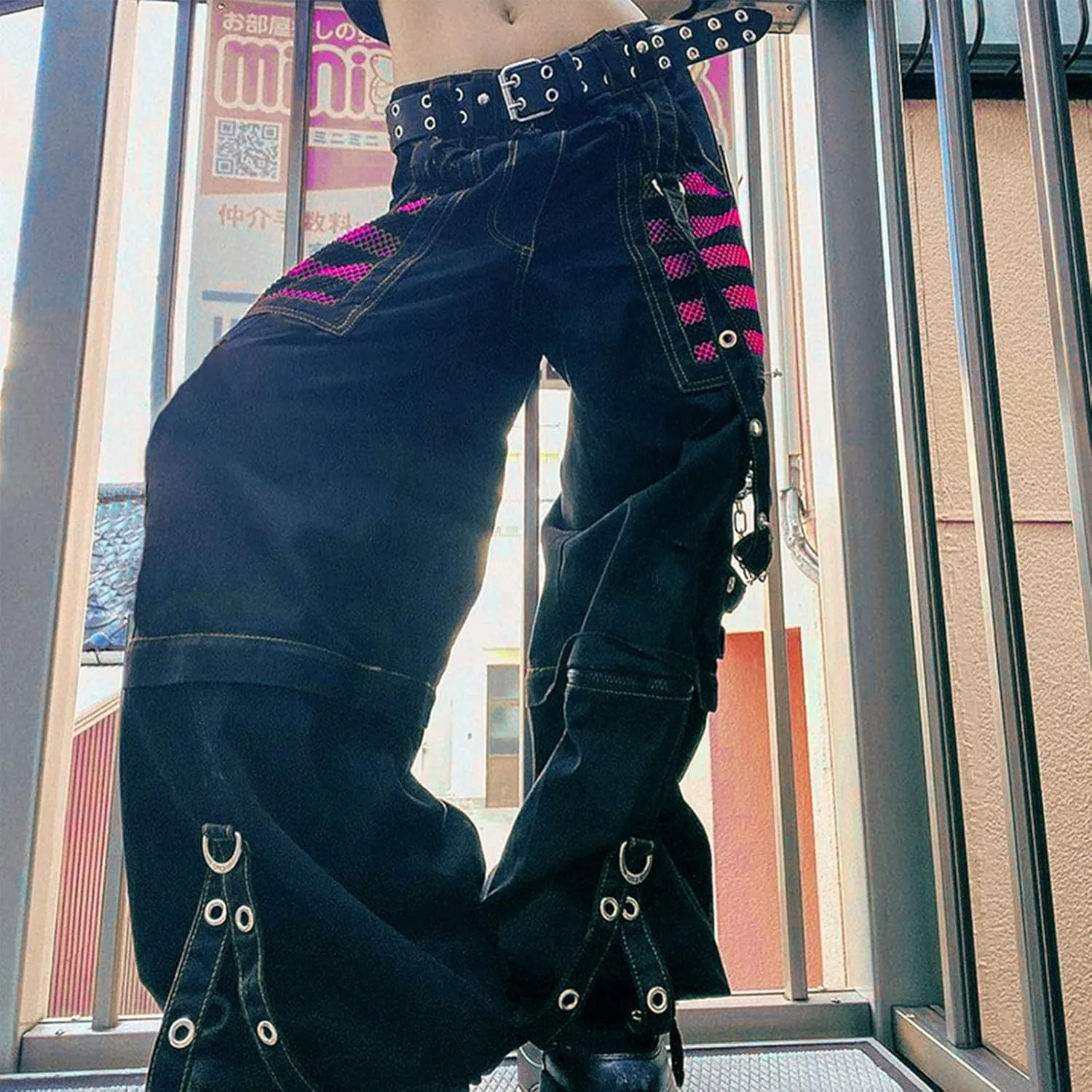 Women's Gothic High Waist Print Cargo Pants Casual Loose Punk Buckle Denim Pants Trousers Streetwear
