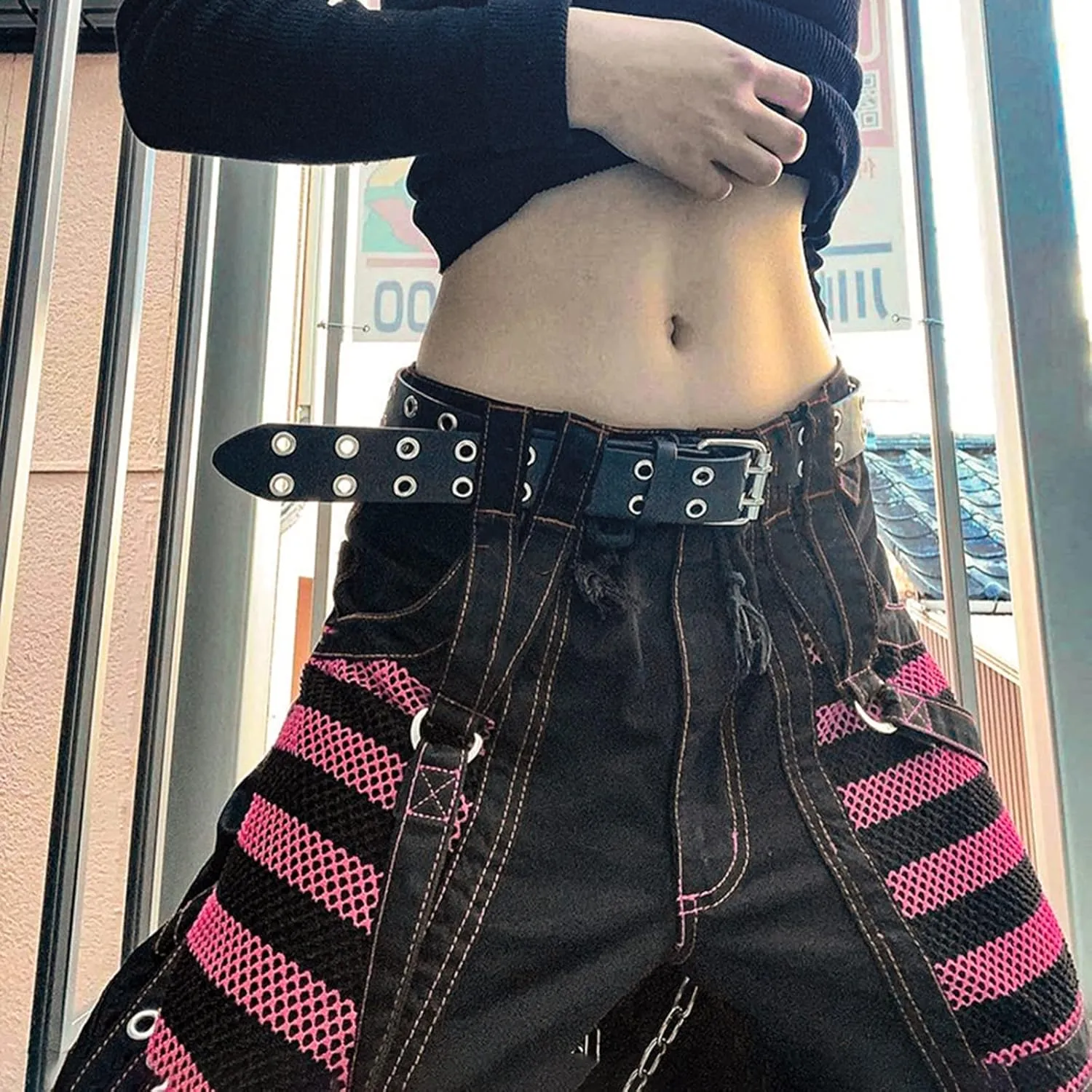 Women's Gothic High Waist Print Cargo Pants Casual Loose Punk Buckle Denim Pants Trousers Streetwear