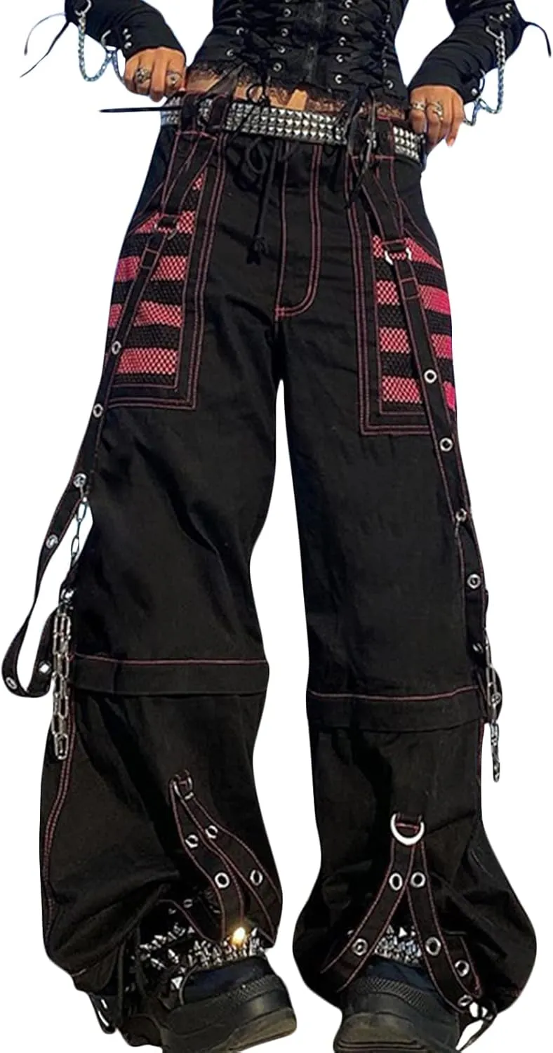 Women's Gothic High Waist Print Cargo Pants Casual Loose Punk Buckle Denim Pants Trousers Streetwear