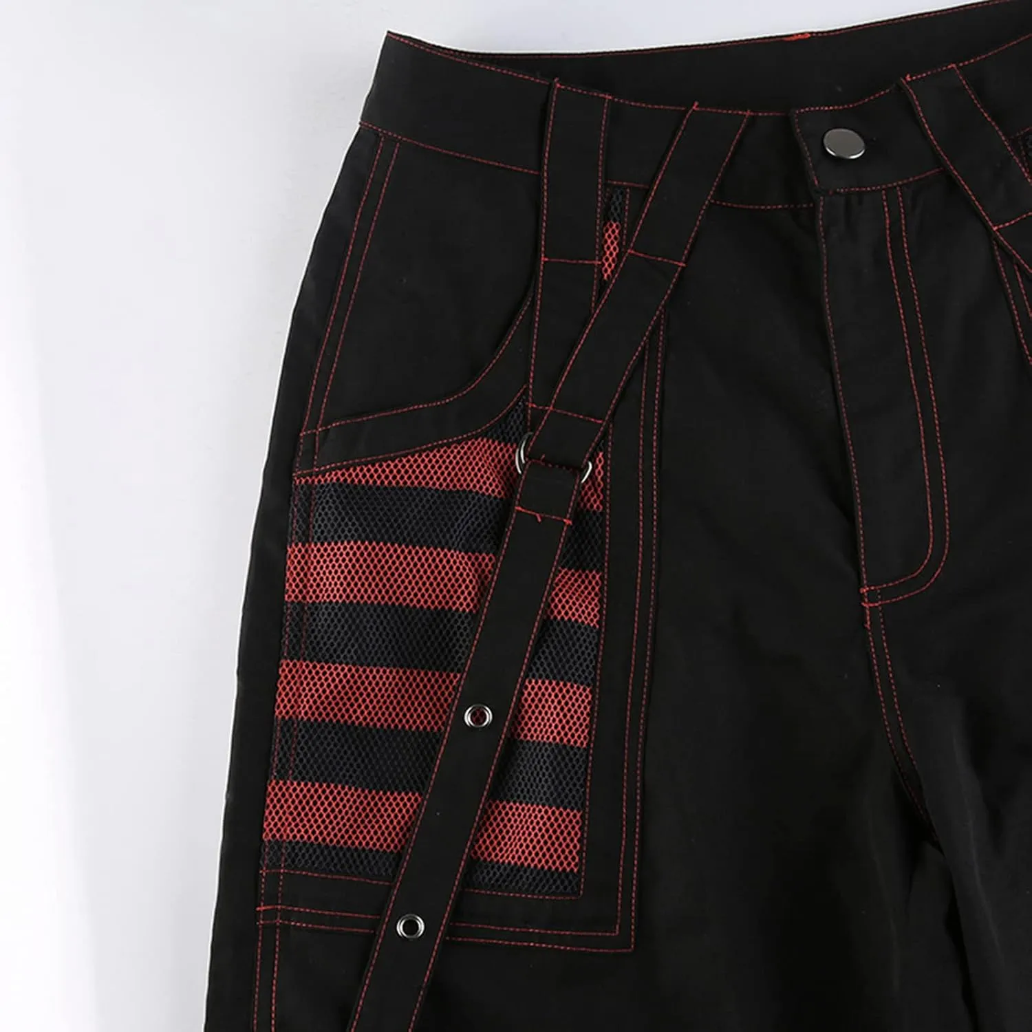 Women's Gothic High Waist Print Cargo Pants Casual Loose Punk Buckle Denim Pants Trousers Streetwear