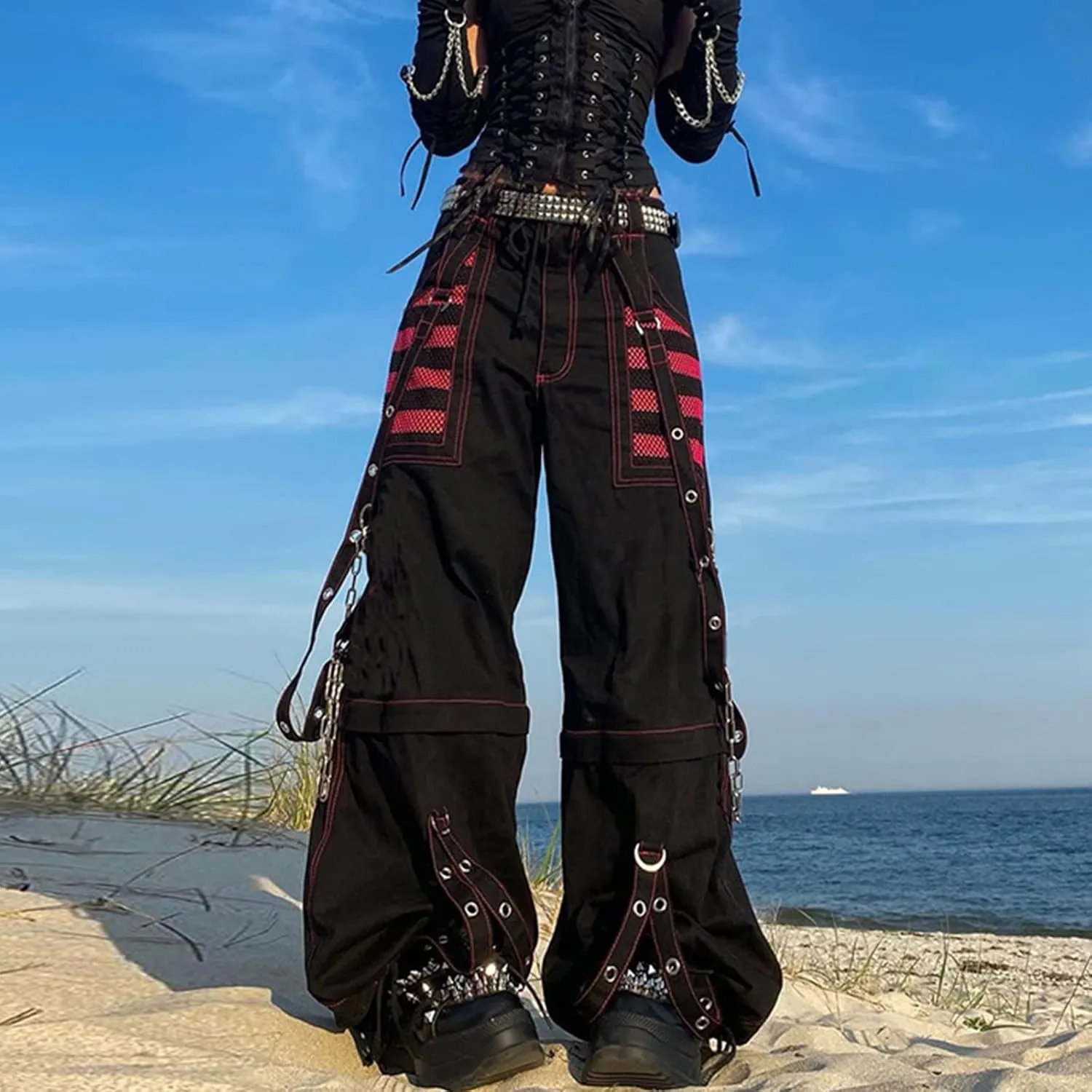 Women's Gothic High Waist Print Cargo Pants Casual Loose Punk Buckle Denim Pants Trousers Streetwear
