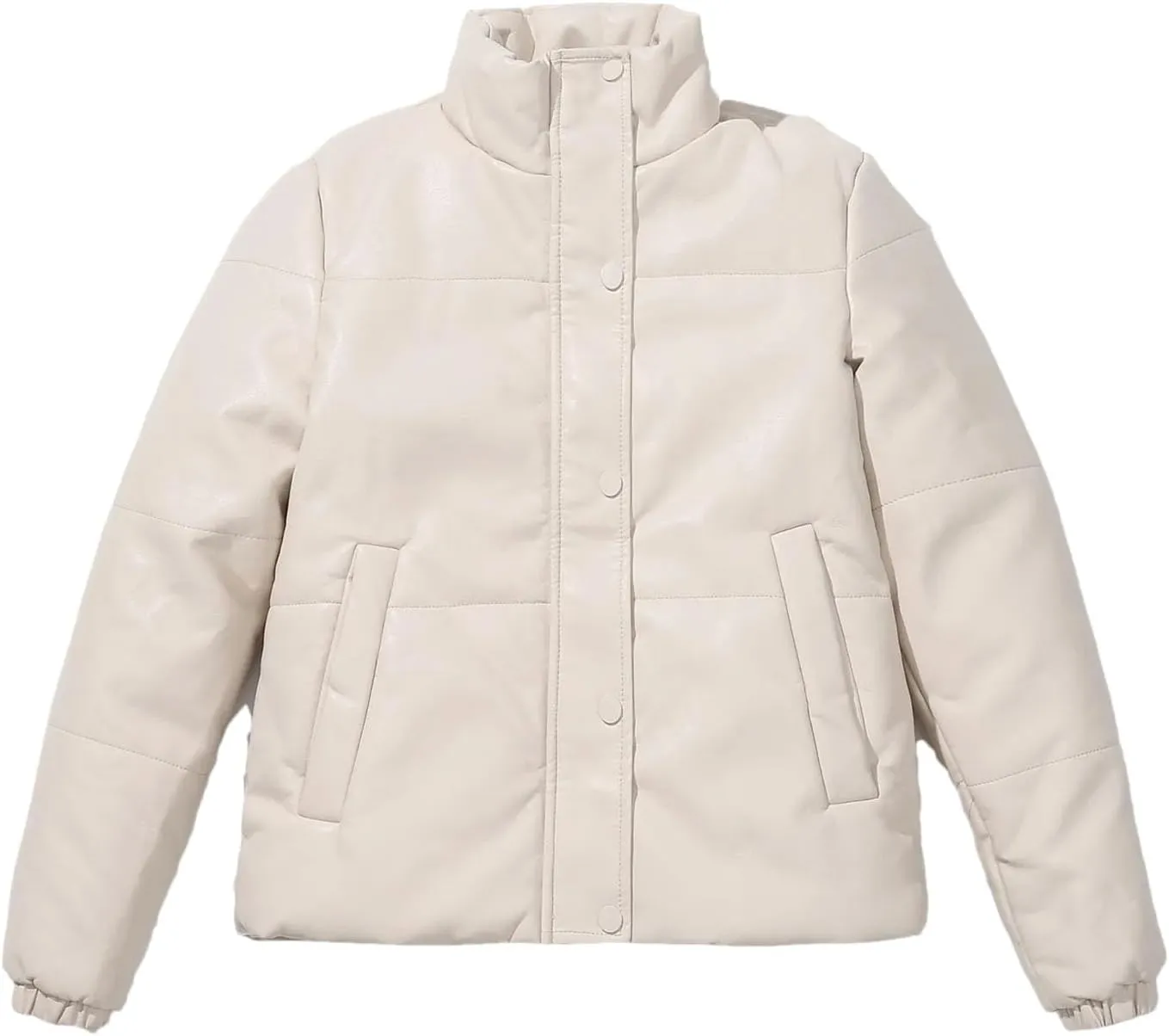 Women's High Collar Faux Leather Parka Coat Vintage Zipper Button Cotton-Padded Jacket