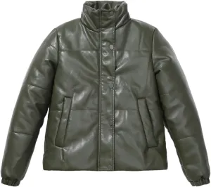 Women's High Collar Faux Leather Parka Coat Vintage Zipper Button Cotton-Padded Jacket