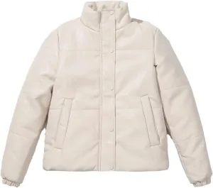 Women's High Collar Faux Leather Parka Coat Vintage Zipper Button Cotton-Padded Jacket