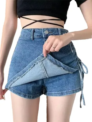 Women's High Waisted A-Line Jeans Skirt Asymmetrical Hem Lace-Up Shorts Style Mini Skirt