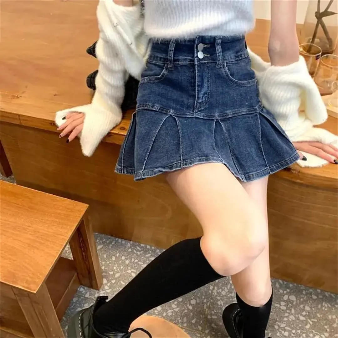 Women's High-Waisted Denim Skirt Pleated Retro Skinny A-Line Skirt Flanged Wrap Hip Skirt
