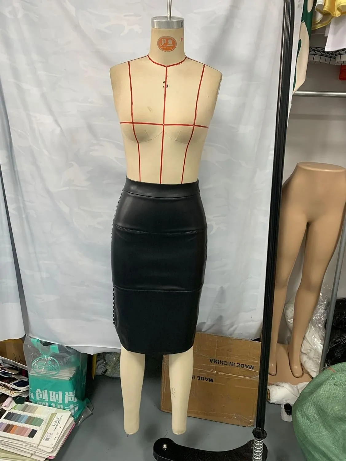 Women's High Waisted Faux Leather Asymmetrical Side Slit Bodycon Pencil Midi Skirt