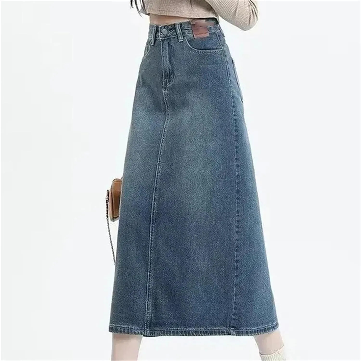 Women's High-Waisted Side Slit Denim Skirt  A-Line Half Skirt Vintage Long Summer Casual Work Midi Denim Dress
