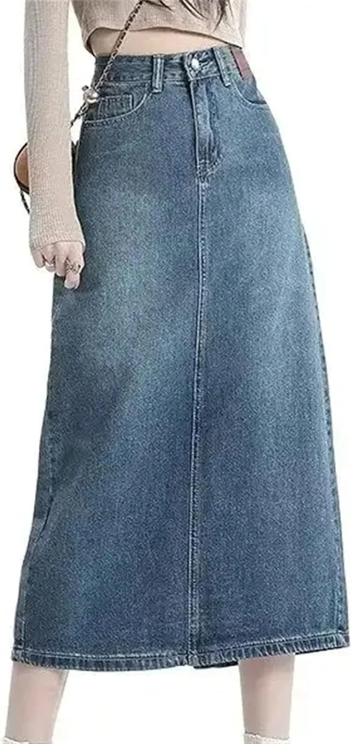 Women's High-Waisted Side Slit Denim Skirt  A-Line Half Skirt Vintage Long Summer Casual Work Midi Denim Dress