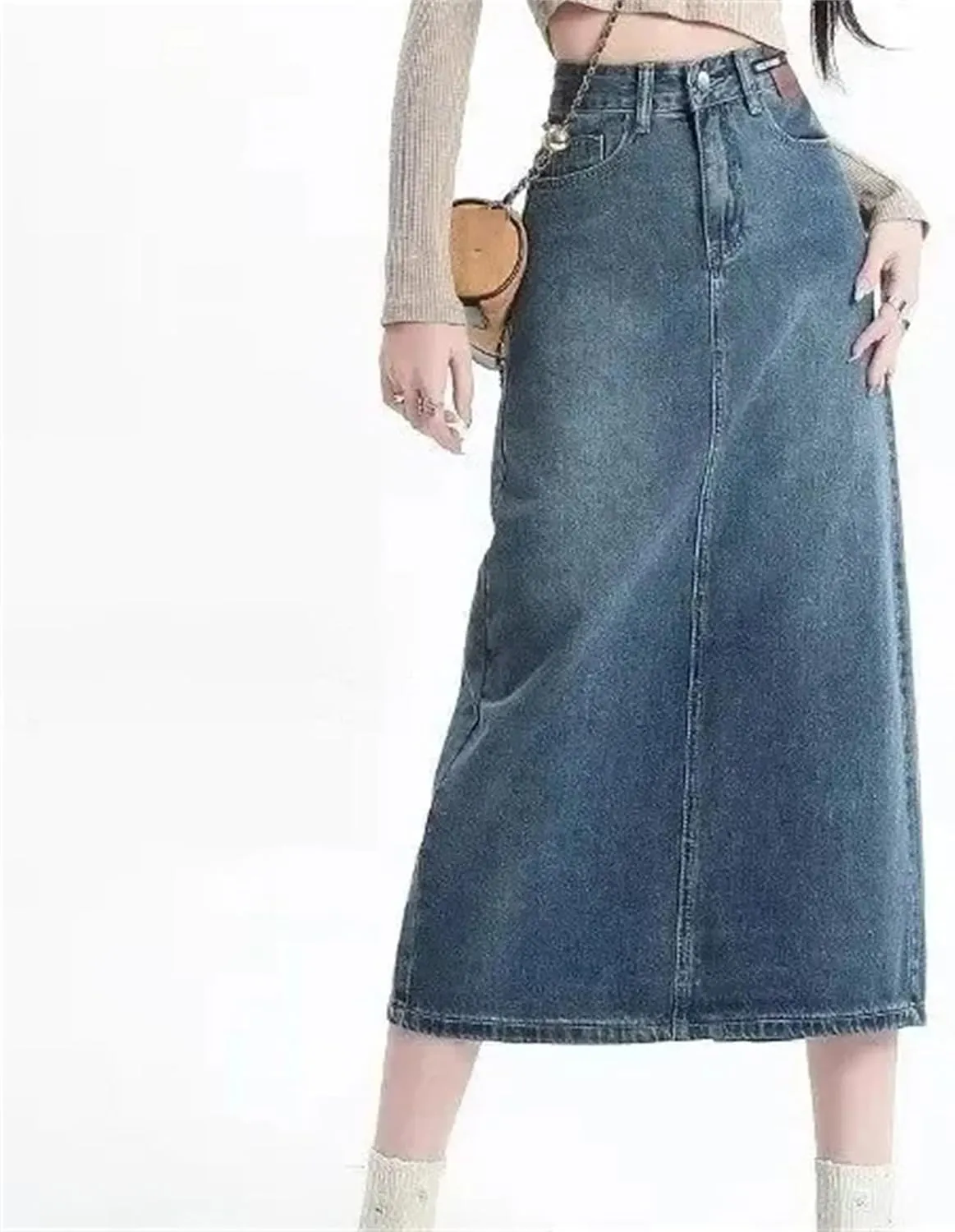 Women's High-Waisted Side Slit Denim Skirt  A-Line Half Skirt Vintage Long Summer Casual Work Midi Denim Dress