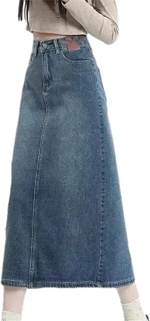 Women's High-Waisted Side Slit Denim Skirt  A-Line Half Skirt Vintage Long Summer Casual Work Midi Denim Dress