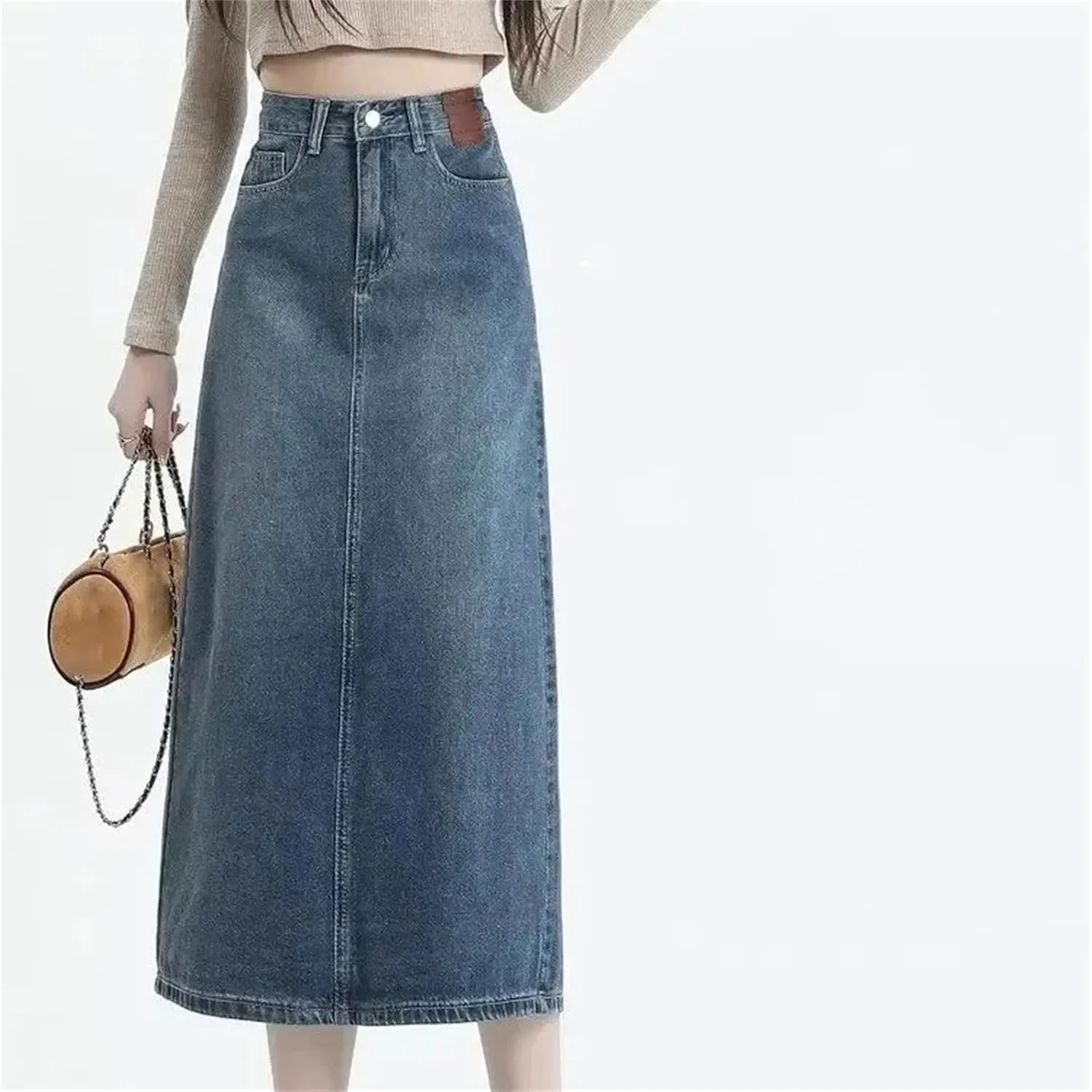 Women's High-Waisted Side Slit Denim Skirt  A-Line Half Skirt Vintage Long Summer Casual Work Midi Denim Dress