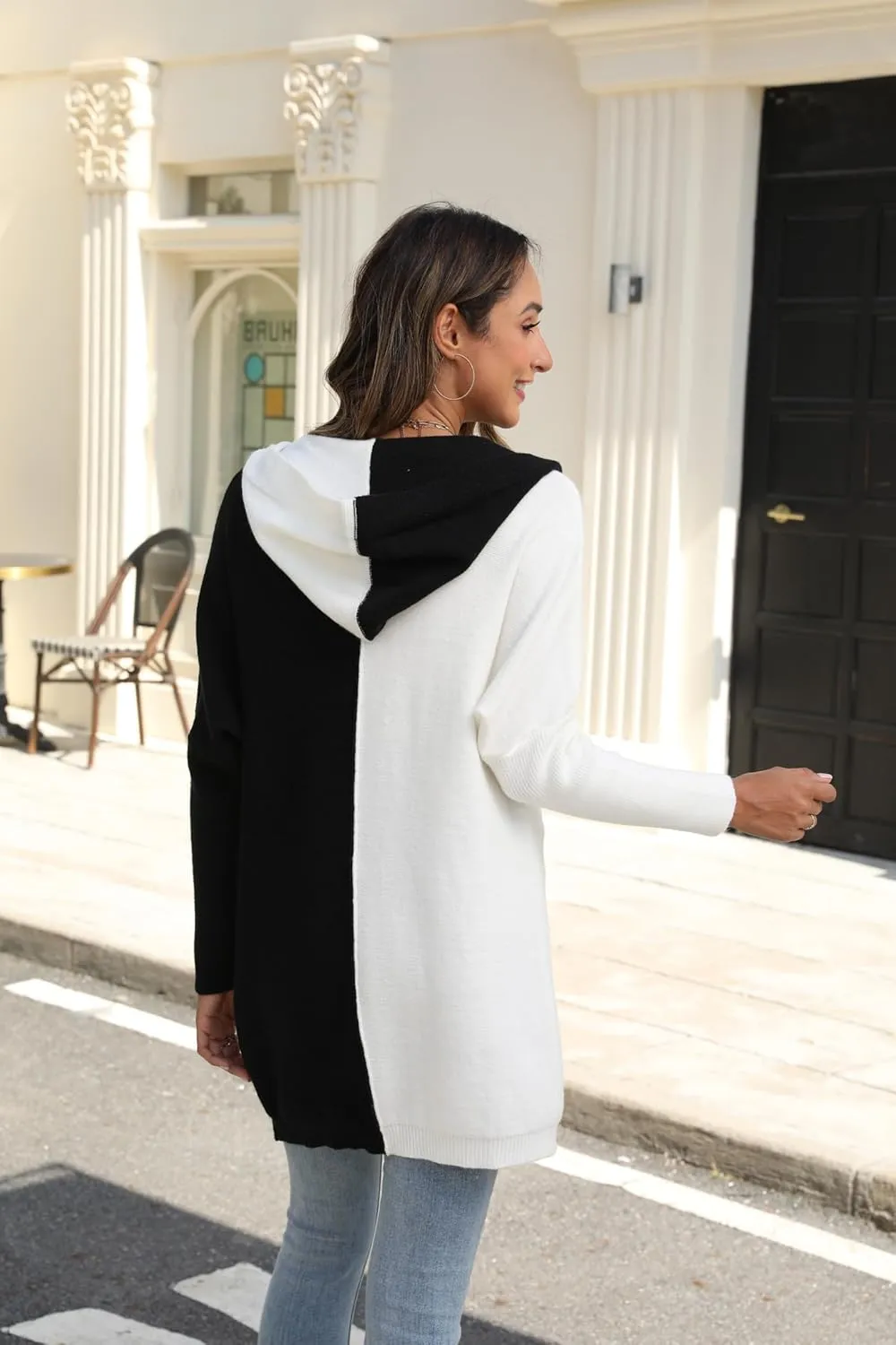 Womens Hooded Long Cardigan Color Block Open Front Knit Cardigan Oversized Lightweight Knit Sweater Outwear