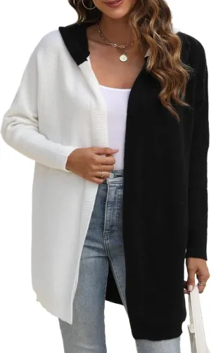 Womens Hooded Long Cardigan Color Block Open Front Knit Cardigan Oversized Lightweight Knit Sweater Outwear