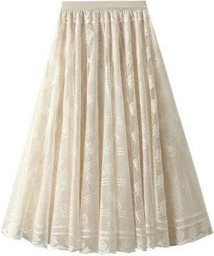 Women's Lace A-Line Pleated Mesh Midi Skirt Spring Medium Length Long Skirt