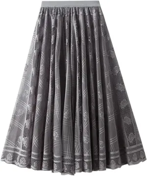 Women's Lace A-Line Pleated Mesh Midi Skirt Spring Medium Length Long Skirt