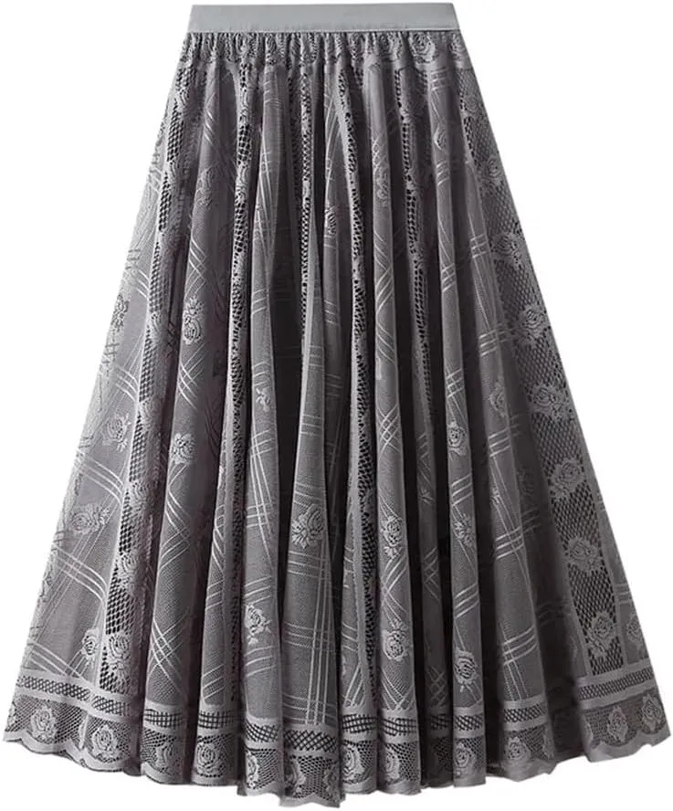 Women's Lace A-Line Pleated Mesh Midi Skirt Spring Medium Length Long Skirt