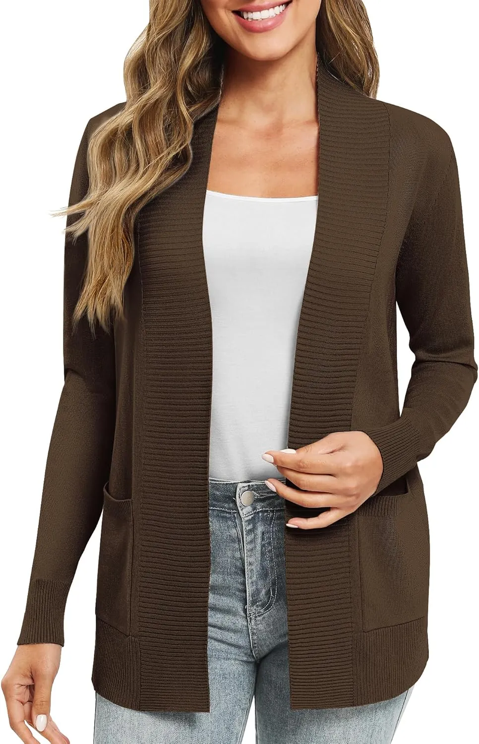Women's Lightweight Long Sleeve Knit Cardigan with Pockets Open Front Casual Sweater for Spring Fall