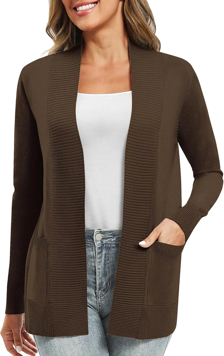 Women's Lightweight Long Sleeve Knit Cardigan with Pockets Open Front Casual Sweater for Spring Fall