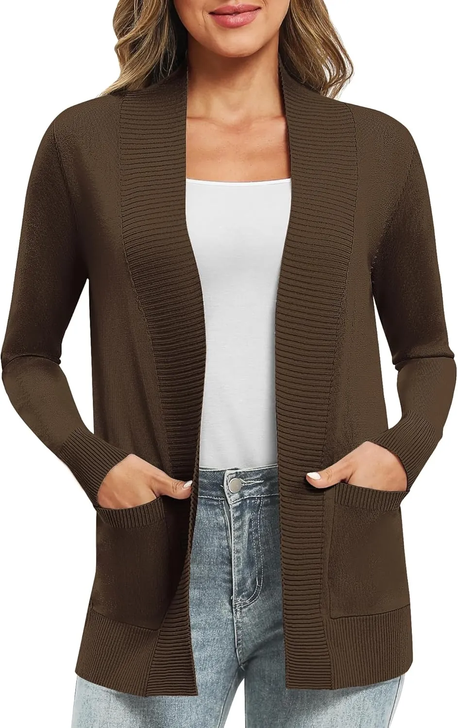 Women's Lightweight Long Sleeve Knit Cardigan with Pockets Open Front Casual Sweater for Spring Fall
