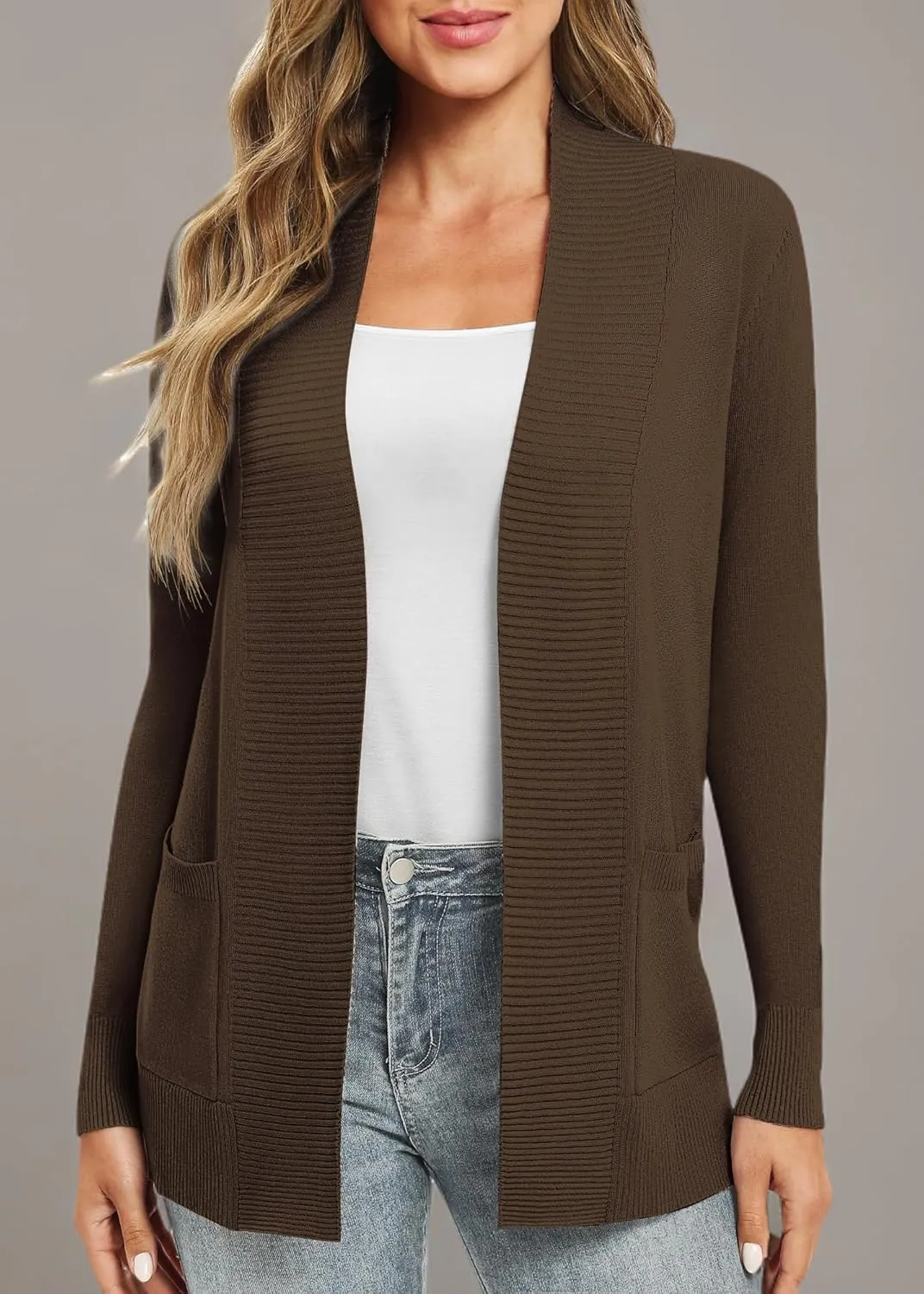Women's Lightweight Long Sleeve Knit Cardigan with Pockets Open Front Casual Sweater for Spring Fall