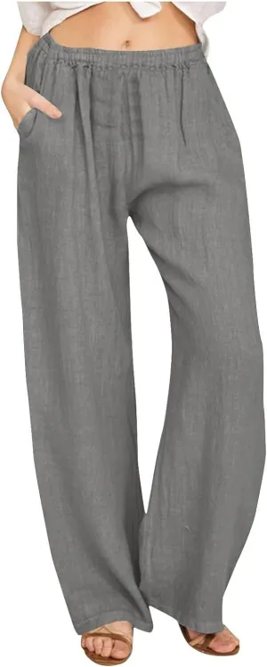 Womens Linen Pants Straight Leg Plus Size High Waisted Linen Pants Women Casual Beach Trousers with Pockets