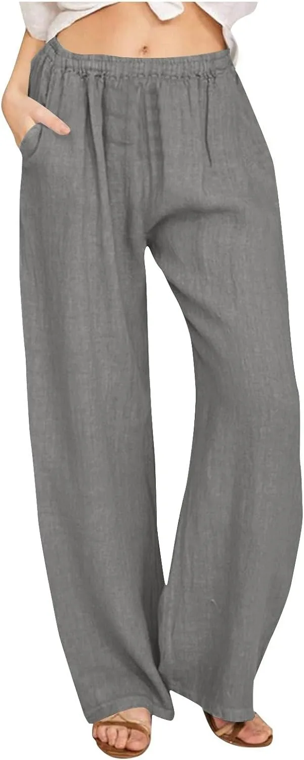Womens Linen Pants Straight Leg Plus Size High Waisted Linen Pants Women Casual Beach Trousers with Pockets