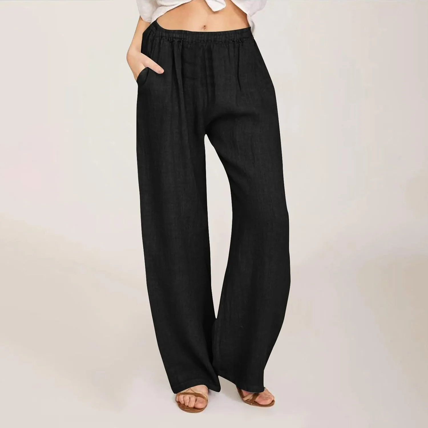 Womens Linen Pants Straight Leg Plus Size High Waisted Linen Pants Women Casual Beach Trousers with Pockets