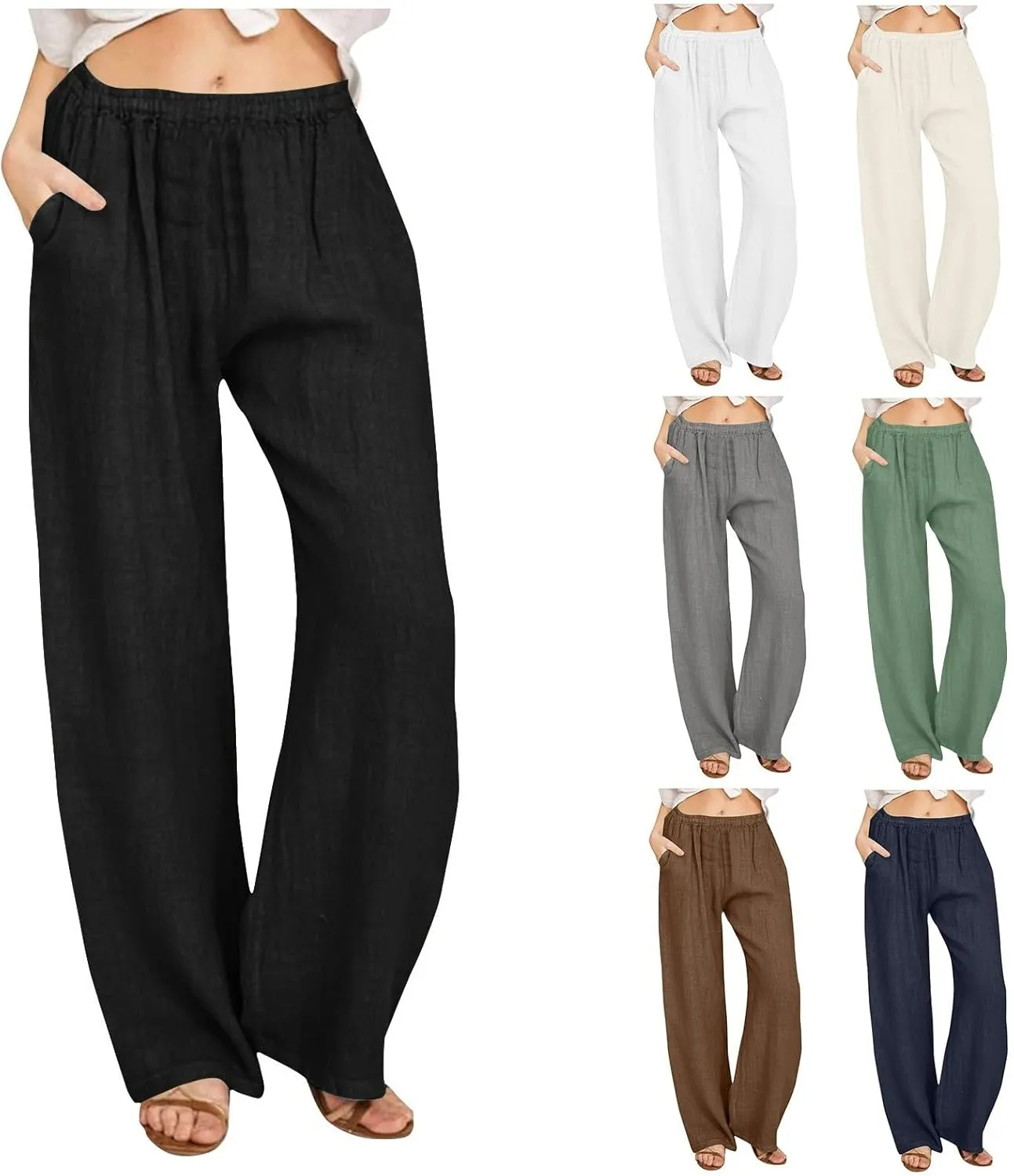 Womens Linen Pants Straight Leg Plus Size High Waisted Linen Pants Women Casual Beach Trousers with Pockets