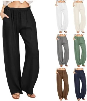 Womens Linen Pants Straight Leg Plus Size High Waisted Linen Pants Women Casual Beach Trousers with Pockets